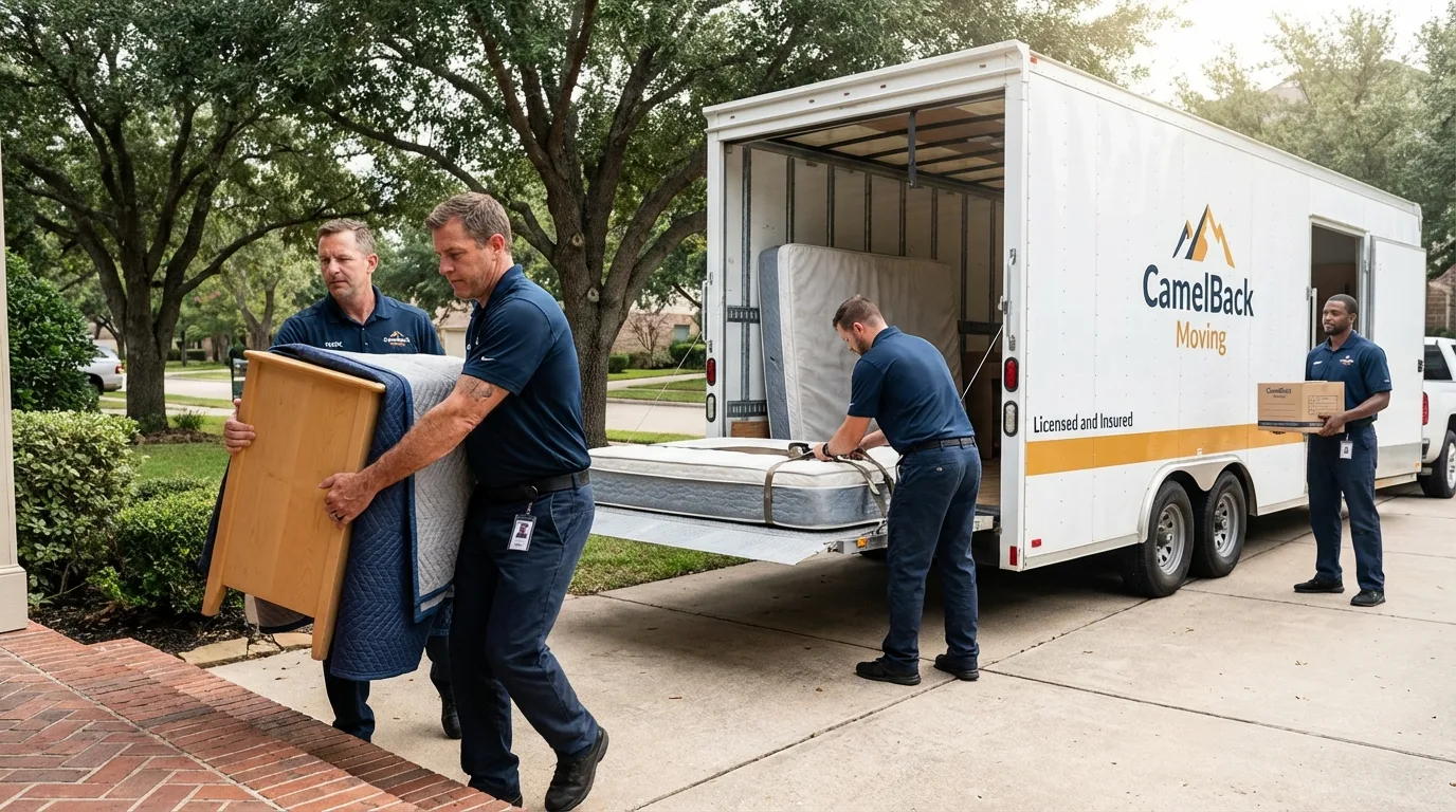 Crew loading residential truck for cross-state move from Oberlin, LA