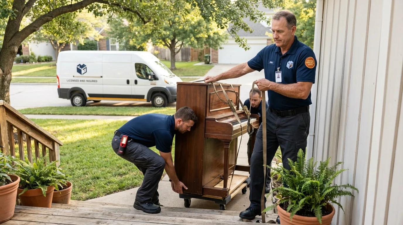 Licensed piano movers securing grand piano in Oberlin, LA