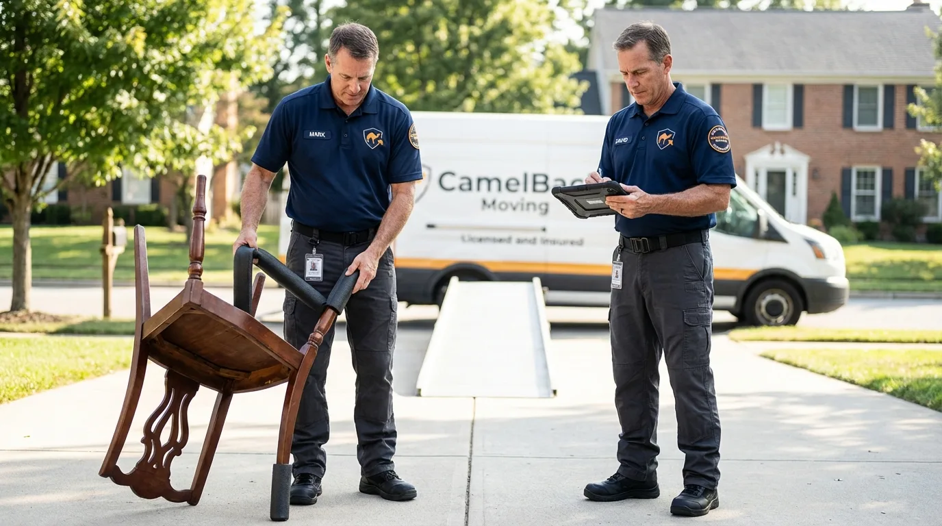 Movers inspecting furniture for damage prevention before loading in Oberlin, LA