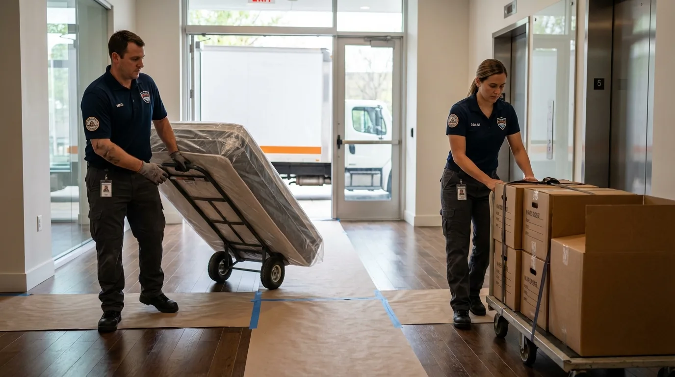 Professional apartment movers loading elevator in Oberlin, LA