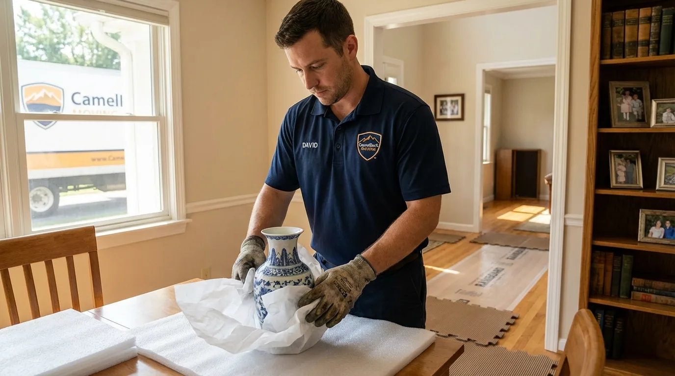 Professional crew carefully wrapping antique vase for senior downsizing move in Oberlin, LA